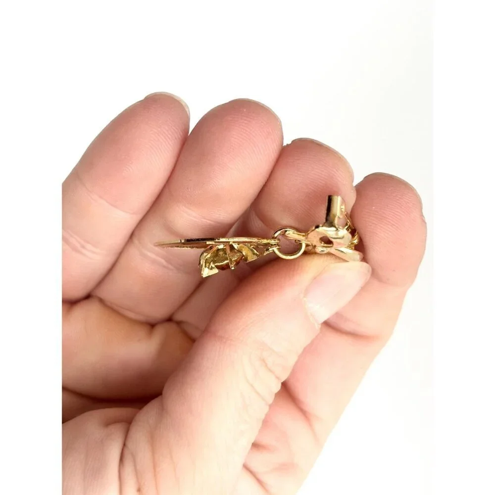 Gold Toned Matte Ribboned Bow Heart Shaped Orange Rhinestoned  Brooch